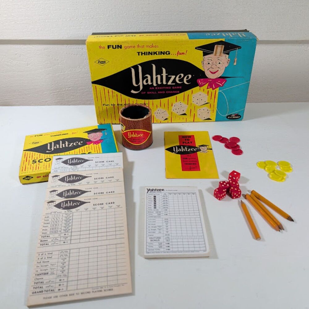 Vintage 1967 Lowe Yahtzee Dice Game Complete Dice Cup Score Pads Chips Pencils